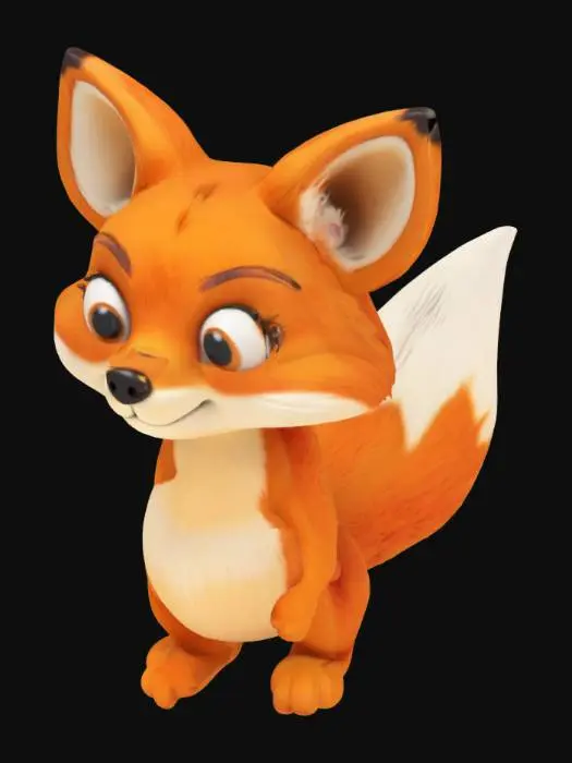 3D model for 一只卡通风格的狐狸，体态圆润，四肢略短，呈现直立的站姿，显得活泼可爱。它的毛发看起来柔软而蓬松，像是光滑的橙色和奶油色短绒。头部设计夸张，眼睛大而明亮，带着一丝狡黠又诙谐的表情。尾巴粗大上翘，尖端呈白色，整体触感应是柔软且富有弹性的，材质像打磨光滑的塑胶或毛毡。