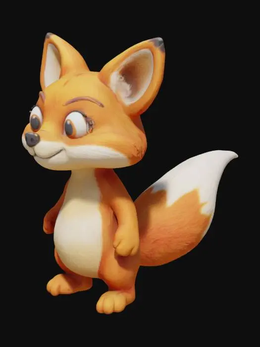 3D model for 一只卡通风格的狐狸，体态圆润，四肢略短，呈现直立的站姿，显得活泼可爱。它的毛发看起来柔软而蓬松，像是光滑的橙色和奶油色短绒。头部设计夸张，眼睛大而明亮，带着一丝狡黠又诙谐的表情。尾巴粗大上翘，尖端呈白色，整体触感应是柔软且富有弹性的，材质像打磨光滑的塑胶或毛毡。
