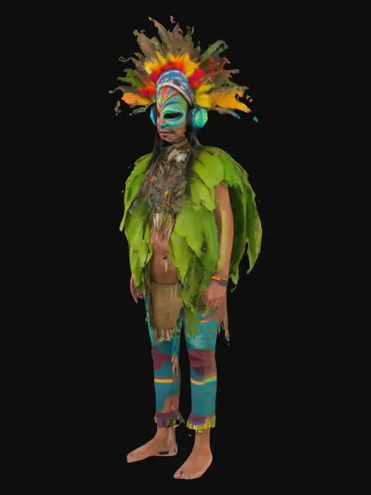 3D model for Een Zuid Amerikaanse sjamaan gekleed in bladeren met een kleurrijk masker die een headphones draagt