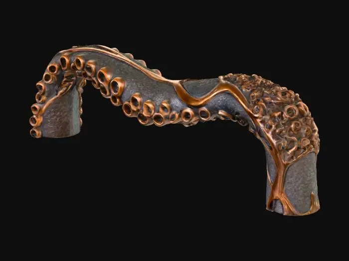 3D model for A cabinet handle shaped like an octopus tentacle, elegant and detailed, with realistic suction cups along the underside. The tentacle curves gracefully, high detail, oceanic and gothic aesthetic.