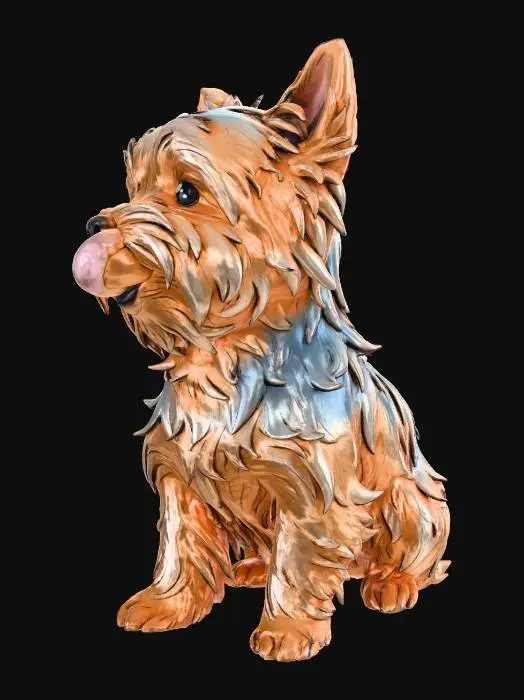 3D model for a happy Yorkshire Terrier sitting on the floor with tongue sticking out and curling upwards in pure joy, expressive happy face, hybrid comic-manga style (bold comic outlines + manga expressions), aquarela suave texture, pastel palette, dynamic composition, soft cel shading, (masterpiece:1.3), (best quality:1.2), comic panel layout
Negative: metallic, realistic, 3D, blurry, lowres, oversaturated