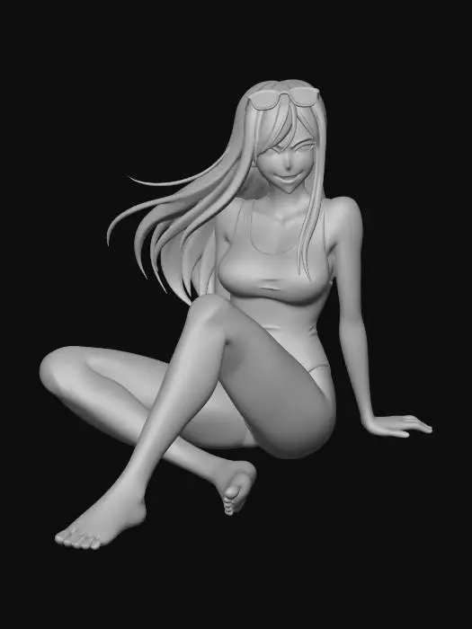 3D model for red-haired armored warrior woman with long straight hair inspired by Erza Scarlet from Fairy Tail, wearing a simple one-piece swimsuit, full body, sitting on warm beach sand near the shoreline, sunglasses resting on her forehead, relaxed confident expression, bare feet visible as she gently plays and messes with the sand using her fingers and toes, bright sunny day with clear blue sky and sparkling ocean in the background, soft breeze moving her hair slightly, hybrid comic-manga style (bold comic outlines + manga expressions), handmade paper texture with soft watercolor and light hatching, sunny pastel palette with light blues, soft reds and golden sand tones, dynamic composition, soft cel shading, (masterpiece:1.3), (best quality:1.2), comic panel layout