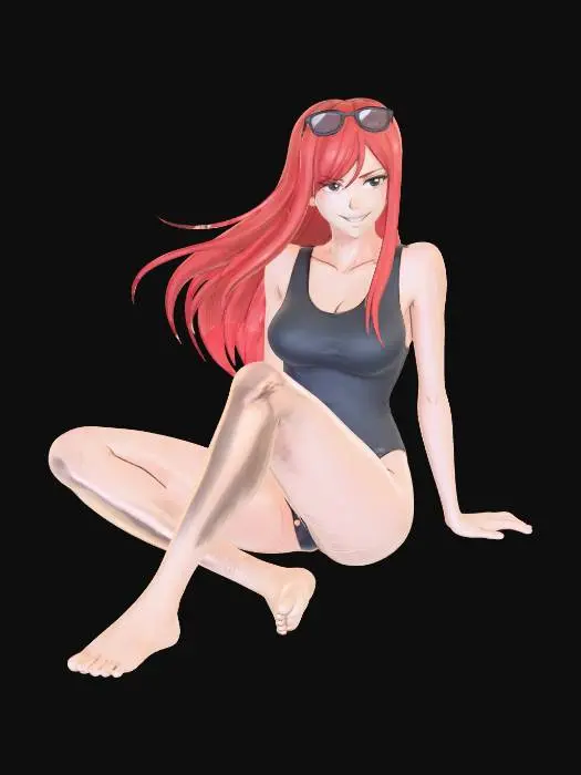 3D model for red-haired armored warrior woman with long straight hair inspired by Erza Scarlet from Fairy Tail, wearing a simple one-piece swimsuit, full body, sitting on warm beach sand near the shoreline, sunglasses resting on her forehead, relaxed confident expression, bare feet visible as she gently plays and messes with the sand using her fingers and toes, bright sunny day with clear blue sky and sparkling ocean in the background, soft breeze moving her hair slightly, hybrid comic-manga style (bold comic outlines + manga expressions), handmade paper texture with soft watercolor and light hatching, sunny pastel palette with light blues, soft reds and golden sand tones, dynamic composition, soft cel shading, (masterpiece:1.3), (best quality:1.2), comic panel layout