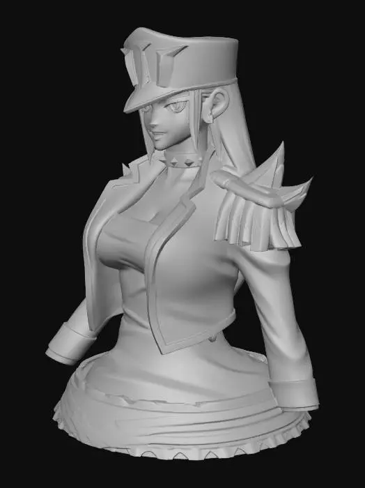 3D model for Mira Kamiunten bust portrait facing forward, confident arrogant smile, long blonde hair with sharp strands framing face, angular military hat with geometric details, black officer coat with red gold accents, open V-collar, chest band, hybrid comic-manga style (bold comic outlines + manga expressions), papel seco texture with ink hachuras, muted military palette with gold accents, dynamic portrait composition, soft cel shading, dark gradient background, vertical format, (masterpiece:1.3), (best quality:1.2), character reference sheet