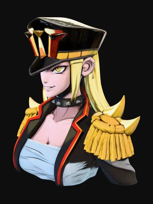 3D model for Mira Kamiunten bust portrait facing forward, confident arrogant smile, long blonde hair with sharp strands framing face, angular military hat with geometric details, black officer coat with red gold accents, open V-collar, chest band, hybrid comic-manga style (bold comic outlines + manga expressions), papel seco texture with ink hachuras, muted military palette with gold accents, dynamic portrait composition, soft cel shading, dark gradient background, vertical format, (masterpiece:1.3), (best quality:1.2), character reference sheet
