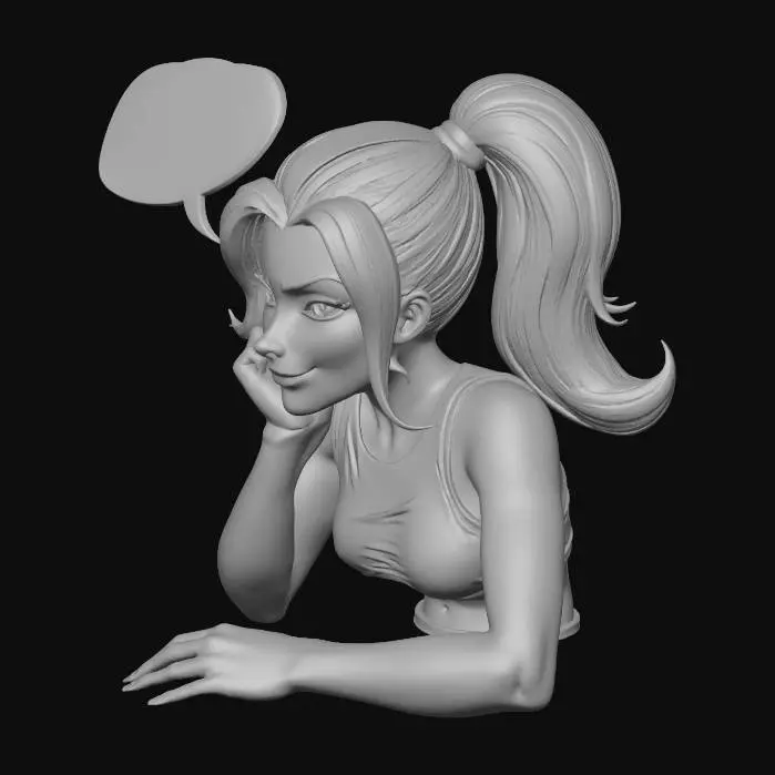 3D model for lose-up portrait of a beautiful blonde woman with blue eyes, brown eyebrows, pointy nose, thin pink lips, smiling confidently at the camera, head resting on one hand with elbow on wooden table, other hand relaxed on table, hair tied up in a very high ponytail, natural well-groomed unpainted nails, wearing a fitted crop top, relaxed casual mood, marvel dc comic book style, bold black ink outlines, vibrant saturated colors, dynamic composition, crosshatching shadows, halftone dots, motion blur lines, (masterpiece:1.3), (best quality:1.2), comic panel --ar 2:3 --v 6 --q 2 --style raw