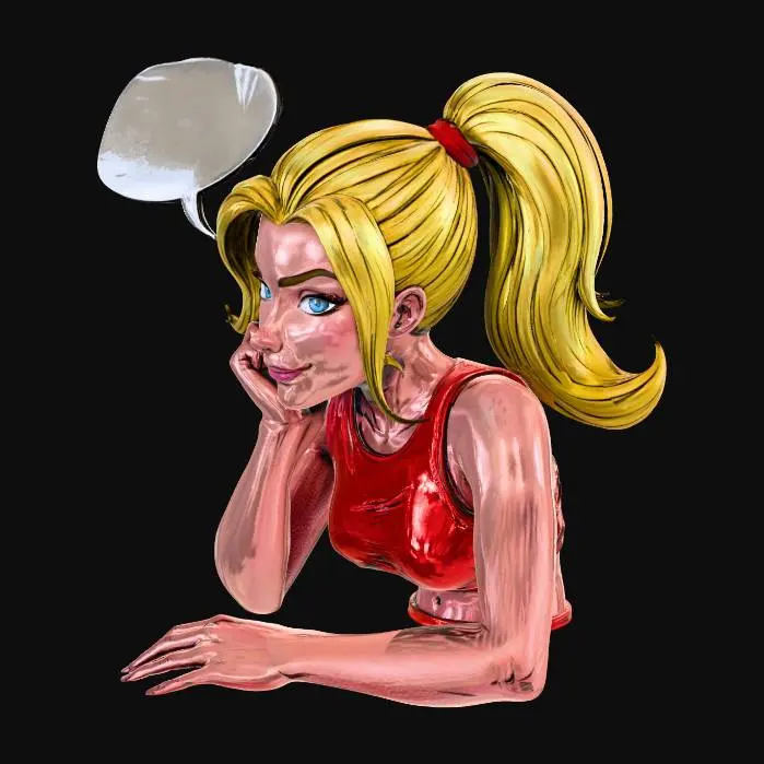 3D model for lose-up portrait of a beautiful blonde woman with blue eyes, brown eyebrows, pointy nose, thin pink lips, smiling confidently at the camera, head resting on one hand with elbow on wooden table, other hand relaxed on table, hair tied up in a very high ponytail, natural well-groomed unpainted nails, wearing a fitted crop top, relaxed casual mood, marvel dc comic book style, bold black ink outlines, vibrant saturated colors, dynamic composition, crosshatching shadows, halftone dots, motion blur lines, (masterpiece:1.3), (best quality:1.2), comic panel --ar 2:3 --v 6 --q 2 --style raw