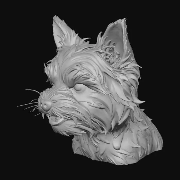 3D model for close-up of a small Yorkshire Terrier dog with fluffy long brown and tan fur, fierce angry expression with bared teeth and narrowed eyes, ears perked aggressively, dynamic heroic pose snarling forward, detailed fur texture with bold strands, intense mood, marvel dc comic book style, bold black ink outlines, vibrant saturated colors, crosshatching shadows, halftone dots, motion blur lines, (masterpiece:1.3), (best quality:1.2), comic panel --ar 2:3 --v 6 --q 2 --style raw
