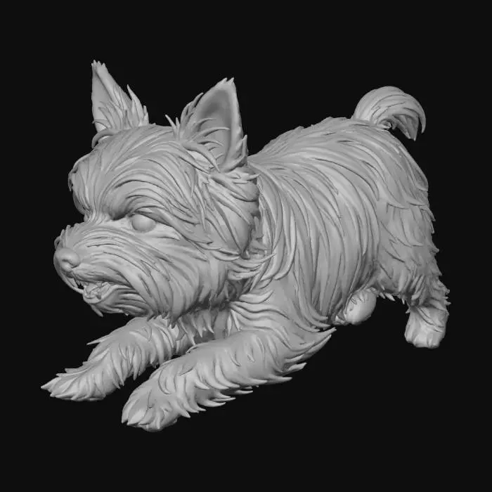 3D model for close-up of a small Yorkshire Terrier dog with fluffy long brown and tan fur, fierce angry expression with bared teeth and narrowed eyes, ears perked aggressively, dynamic heroic pose snarling forward, detailed fur texture with bold strands, intense mood, marvel dc comic book style, bold black ink outlines, vibrant saturated colors, crosshatching shadows, halftone dots, motion blur lines, (masterpiece:1.3), (best quality:1.2), comic panel --ar 2:3 --v 6 --q 2 --style raw
