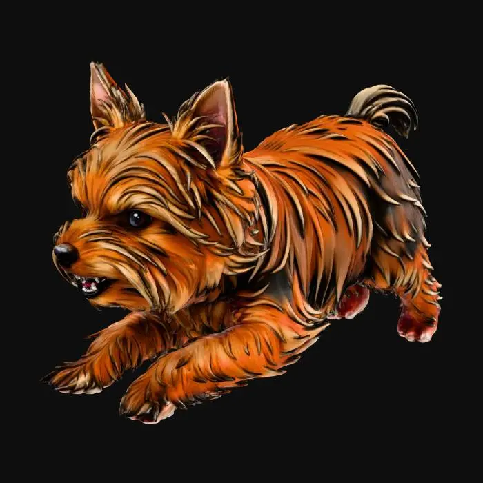 3D model for close-up of a small Yorkshire Terrier dog with fluffy long brown and tan fur, fierce angry expression with bared teeth and narrowed eyes, ears perked aggressively, dynamic heroic pose snarling forward, detailed fur texture with bold strands, intense mood, marvel dc comic book style, bold black ink outlines, vibrant saturated colors, crosshatching shadows, halftone dots, motion blur lines, (masterpiece:1.3), (best quality:1.2), comic panel --ar 2:3 --v 6 --q 2 --style raw
