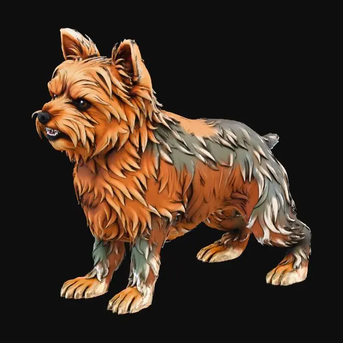3D model for close-up of a small Yorkshire Terrier dog with fluffy long brown and tan fur, fierce angry expression with bared teeth and narrowed eyes, ears perked aggressively, dynamic heroic pose snarling forward, detailed fur texture with bold strands, intense mood, marvel dc comic book style, bold black ink outlines, vibrant saturated colors, crosshatching shadows, halftone dots, motion blur lines, (masterpiece:1.3), (best quality:1.2), comic panel --ar 2:3 --v 6 --q 2 --style raw