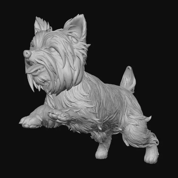 3D model for close-up of a small Yorkshire Terrier dog with fluffy long brown and tan fur, ecstatic happy expression with tongue sticking out and curling upwards joyfully, wide grinning mouth, sparkling eyes full of delight, ears perked in excitement, dynamic playful pose bouncing forward, detailed fluffy fur texture, vibrant cheerful mood, marvel dc comic book style, bold black ink outlines, vibrant saturated colors, dynamic composition, crosshatching shadows, halftone dots, motion blur lines, (masterpiece:1.3), (best quality:1.2), comic panel --ar 2:3 --v 6 --q 2 --style raw