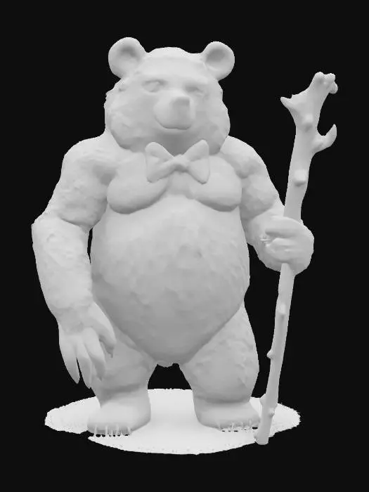 3D model for large bear standing upright, realistic style, bow tie, neutral pose, claws, holding a quarterstaff, huge bear, curly fur, curly hair, wolf tail