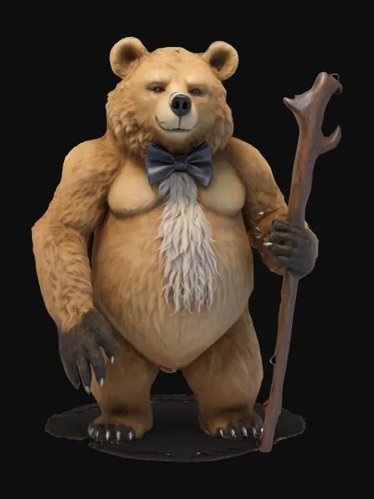 3D model for large bear standing upright, realistic style, bow tie, neutral pose, claws, holding a quarterstaff, huge bear, curly fur, curly hair, wolf tail