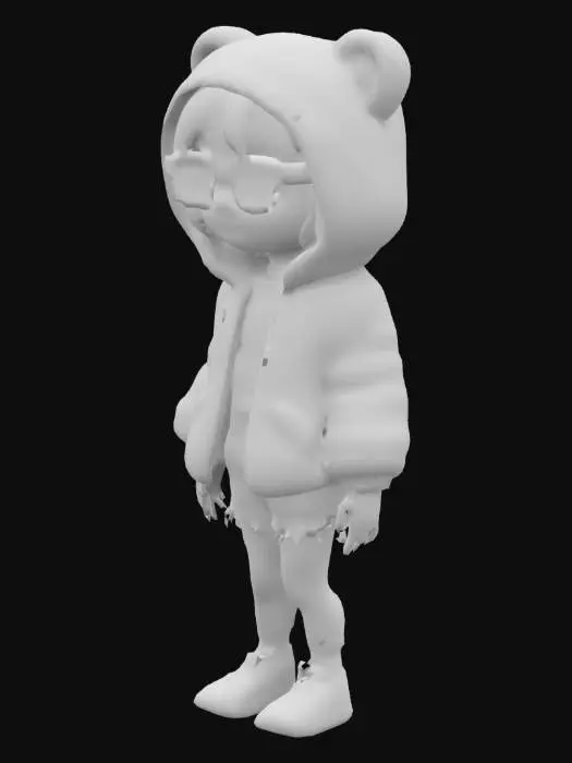 3D model for 一个卡通3D女孩穿着一套充满活力的橙色服装，包括一件装饰着卡通熊耳朵的蓬松夹克，一副配套的太阳镜和一条破旧的牛仔短裤。整体审美是俏皮的和年轻的，带有一点未来主义的风格。角色以橙色为主，夹杂着灰色和白色。橙色的色调被用来创造一种温暖和活力的感觉，而灰色的背景提供了一个中性的对比。