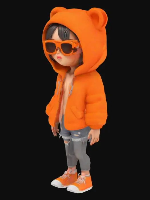 3D model for 一个卡通3D女孩穿着一套充满活力的橙色服装，包括一件装饰着卡通熊耳朵的蓬松夹克，一副配套的太阳镜和一条破旧的牛仔短裤。整体审美是俏皮的和年轻的，带有一点未来主义的风格。角色以橙色为主，夹杂着灰色和白色。橙色的色调被用来创造一种温暖和活力的感觉，而灰色的背景提供了一个中性的对比。
