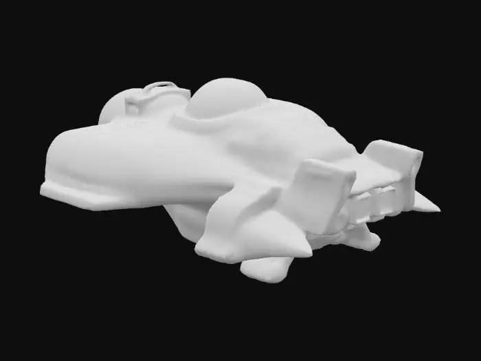 3D model for Un vaisseau spatial , avec une petite cabine de pilotage bulbeuse à l'avant et un propulseur surdimensionné et ondulé à l'arrière. La coque est rouge etmat, ressemblant à du carbone, avec de nombreux rivets et des bandes dorées. La texture est usée et rouillée, évoquant un jouet d'enfant, avec quelques rayures , #PBR#