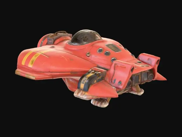 3D model for Un vaisseau spatial , avec une petite cabine de pilotage bulbeuse à l'avant et un propulseur surdimensionné et ondulé à l'arrière. La coque est rouge etmat, ressemblant à du carbone, avec de nombreux rivets et des bandes dorées. La texture est usée et rouillée, évoquant un jouet d'enfant, avec quelques rayures , #PBR#