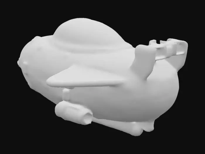 3D model for Un vaisseau spatial , avec une petite cabine de pilotage bulbeuse à l'avant et un propulseur surdimensionné et ondulé à l'arrière. La coque est rouge etmat, ressemblant à du carbone, avec de nombreux rivets et des bandes dorées. La texture est usée et rouillée, évoquant un jouet d'enfant, avec quelques rayures , #PBR#