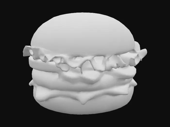 3D model for Un hamburger cartoon empilé de manière ludique, avec un pain brioché doré et brillant, épais et moelleux. La galette de viande, d'un brun riche, est juteuse et présente une texture légèrement granuleuse. Entre les couches, de la salade verte croquante, des tranches de tomate rouge vif et des cornichons vert émeraude ajoutent du contraste. L'ensemble est dodu et semble prêt à être écrasé.