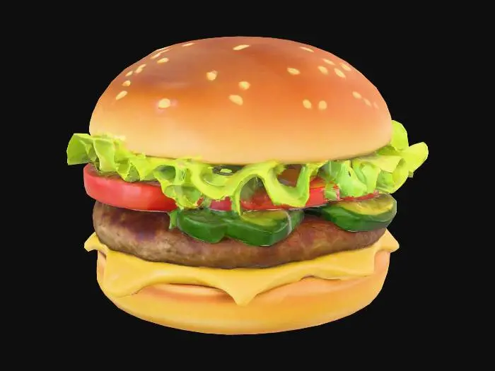 3D model for Un hamburger cartoon empilé de manière ludique, avec un pain brioché doré et brillant, épais et moelleux. La galette de viande, d'un brun riche, est juteuse et présente une texture légèrement granuleuse. Entre les couches, de la salade verte croquante, des tranches de tomate rouge vif et des cornichons vert émeraude ajoutent du contraste. L'ensemble est dodu et semble prêt à être écrasé.