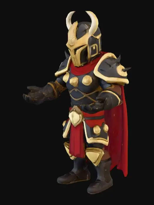 3D model for Cartoon warrior inspired by Judge Dredd, very muscular and imposing, wearing black, red and gold armor, holding a massive oversized gun in one hand, T-pose, stylized proportions, detailed but cartoon textures, heroic and intimidating look., #PBR#