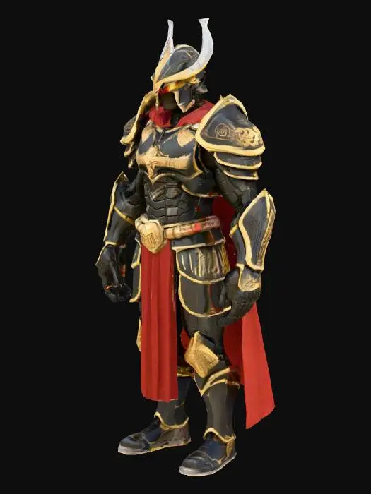 3D model for Cartoon warrior inspired by Judge Dredd, very muscular and imposing, wearing black, red and gold armor, holding a massive oversized gun in one hand, T-pose, stylized proportions, detailed but cartoon textures, heroic and intimidating look., #PBR#