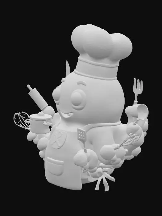 3D model for A cute 3D cartoon octopus, colored blue and yellow, wearing a chef's hat. It has exactly eight tentacles, no legs and no hands. Each tentacle holds a cooking utensil: a knife, a fork, a rolling pin, and a saucepan. Playful and whimsical proportions, big expressive eyes, bright colors, white background, single compact character design.