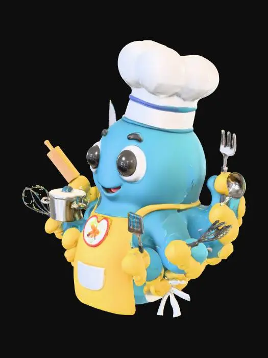 3D model for A cute 3D cartoon octopus, colored blue and yellow, wearing a chef's hat. It has exactly eight tentacles, no legs and no hands. Each tentacle holds a cooking utensil: a knife, a fork, a rolling pin, and a saucepan. Playful and whimsical proportions, big expressive eyes, bright colors, white background, single compact character design.
