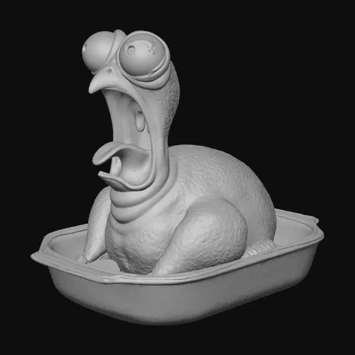 3D model for Une dinde cartoon en mode pas encore cuite dans un plat en verre transparent. elle hurle, elle a des yeux disproportionnés, et elle n'a plus une seule plume