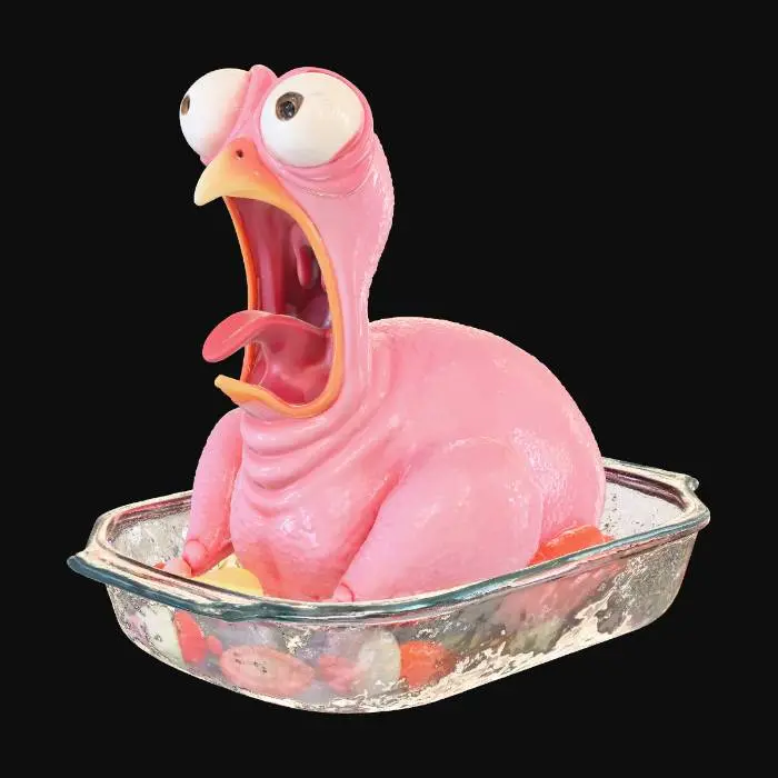 3D model for Une dinde cartoon en mode pas encore cuite dans un plat en verre transparent. elle hurle, elle a des yeux disproportionnés, et elle n'a plus une seule plume