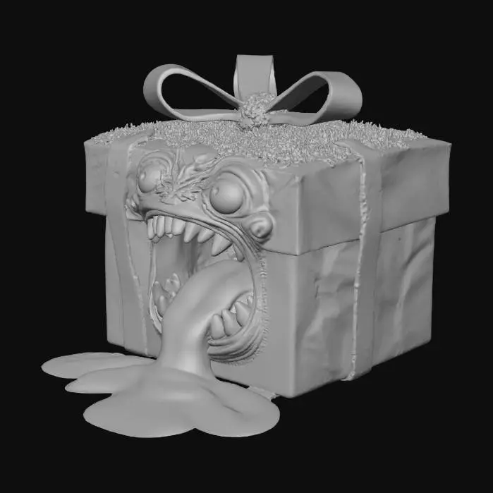 3D model for “Christmas gift box monster, zombie-style present, wrapped in elegant Christmas paper with gold, red and white patterns, glossy festive texture. The gift box is alive and transformed into a zombie creature: a large open mouth carved into the box, filled with sharp, jagged teeth. A single long tongue emerges from the mouth, dripping thick neon-green slime and drool. No arms, no legs, no head — only the animated gift box. Dark whimsical horror tone mixed with Christmas aesthetics, high contrast lighting, detailed textures, cinematic focus, clean background, ultra-detailed, 3D render, stylized realism.”, #Christmas2025#