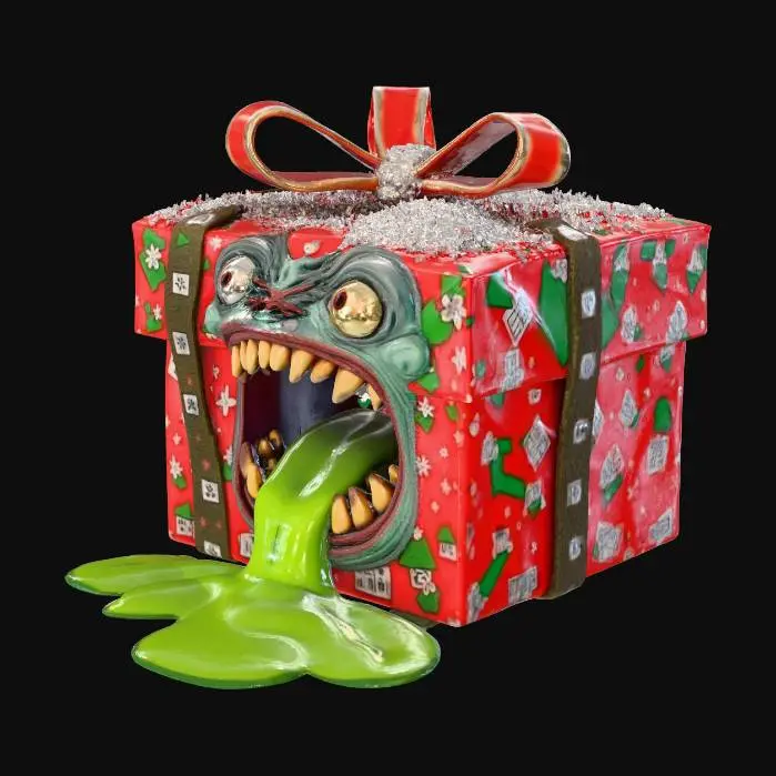 3D model for “Christmas gift box monster, zombie-style present, wrapped in elegant Christmas paper with gold, red and white patterns, glossy festive texture. The gift box is alive and transformed into a zombie creature: a large open mouth carved into the box, filled with sharp, jagged teeth. A single long tongue emerges from the mouth, dripping thick neon-green slime and drool. No arms, no legs, no head — only the animated gift box. Dark whimsical horror tone mixed with Christmas aesthetics, high contrast lighting, detailed textures, cinematic focus, clean background, ultra-detailed, 3D render, stylized realism.”, #Christmas2025#