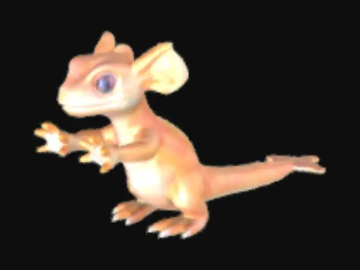 3D model for 

Un dragoncito de cuerpo regordete y compacto, cubierto de escamas suaves y brillantes de un color melocotón pálido, que parecen casi aterciopeladas al tacto. Sus ojos son grandes y expresivos, de un azul inocente, enmarcados por pequeñas protuberancias que sugieren cuernos diminutos. Sus alas son membranas translúcidas, finas como papel, de un rosa delicado.

