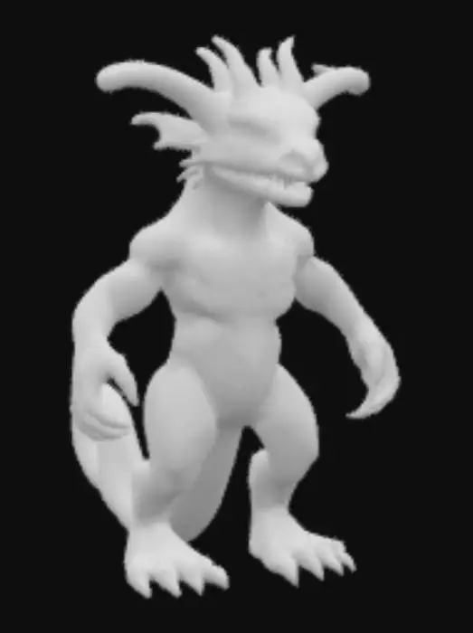 3D model for Un dragón humanoide de estatura imponente, con una piel correosa y oscura, de un rojo ceniza profundo, cubierta de escamas irregulares y protuberancias óseas afiladas. Su musculatura es deforme y exagerada, y su rostro, retorcido en una expresión de furia permanente, presenta colmillos sobresalientes y ojos hendidos de un brillo carne
