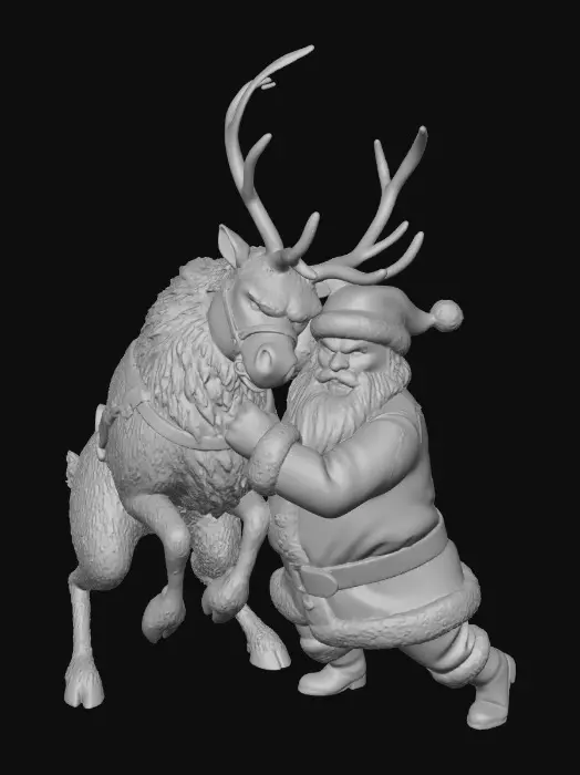 3D model for Santa and a reindeer fighting, blank background, clear details for good texturing and topology