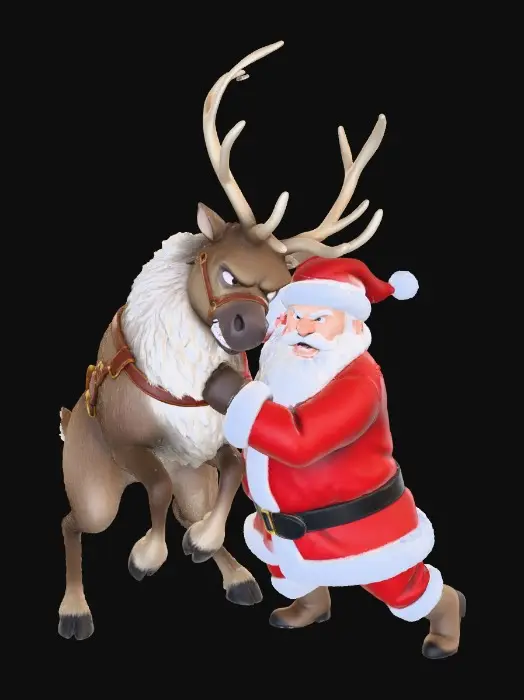 3D model for Santa and a reindeer fighting, blank background, clear details for good texturing and topology