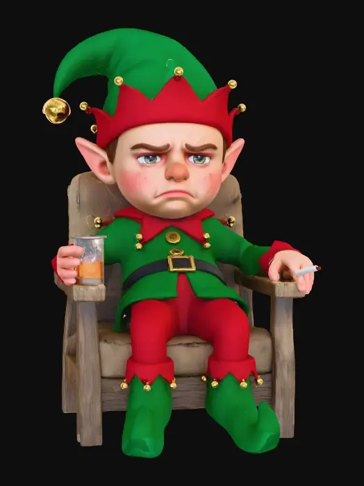 3D model for A sad angry looking cheistmas elf with a glass of whiskey and a cigarette