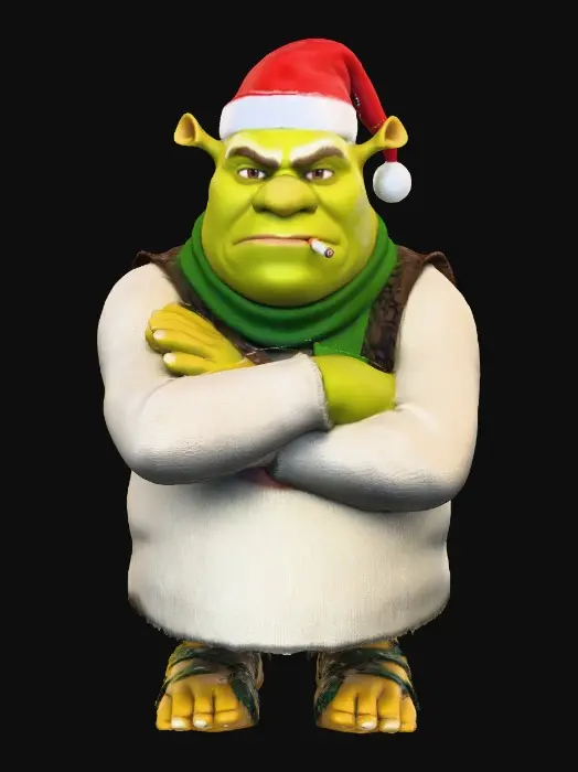 3D model for christmas themes shrek looking grumpy with a cigarette in his mouth