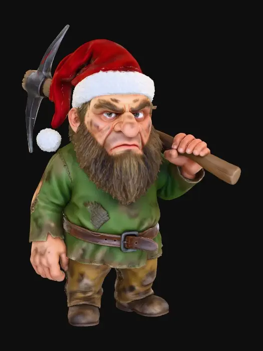 3D model for a mining dwarf, grumpy, dirty and angry, christmas hat on, cartoon realisic blank background