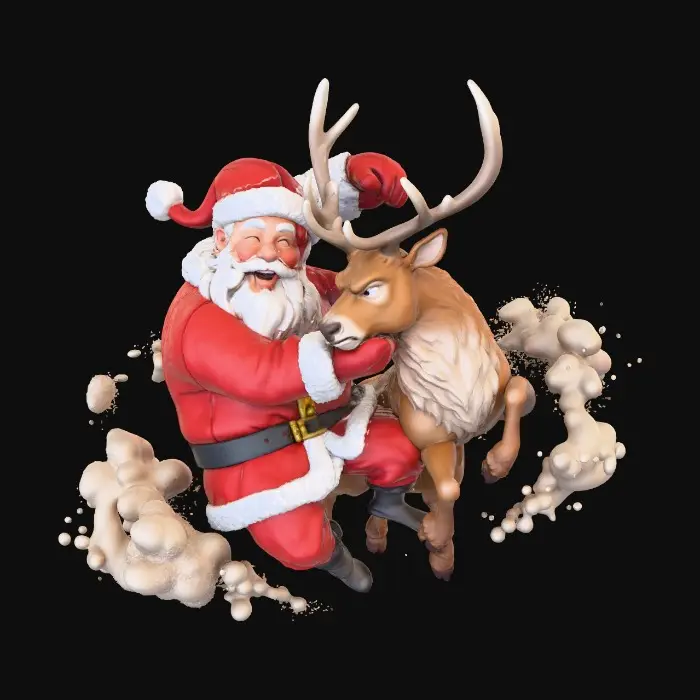 3D model for Santa and a reindeer fighting, blank background, clear details for good texturing and topology