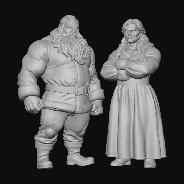 3D model for Santa with mrs clause, both massive and muscular and scary, blank background