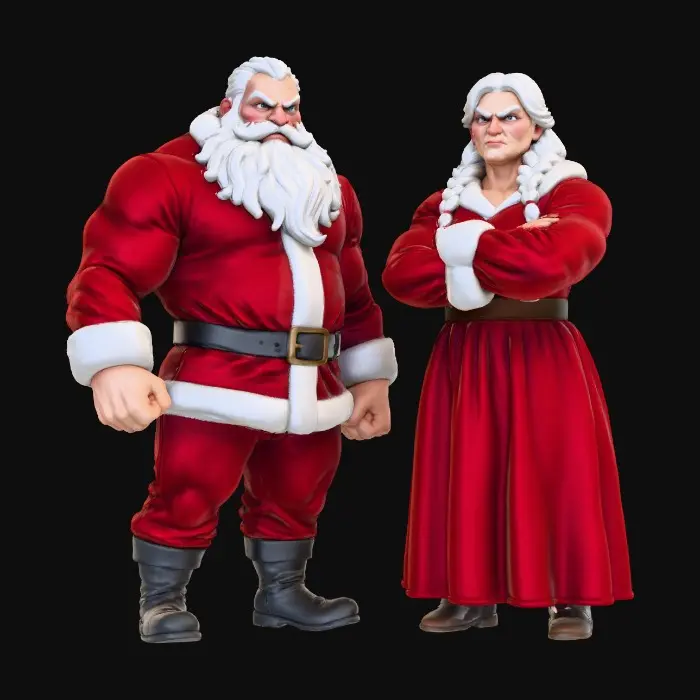 3D model for Santa with mrs clause, both massive and muscular and scary, blank background