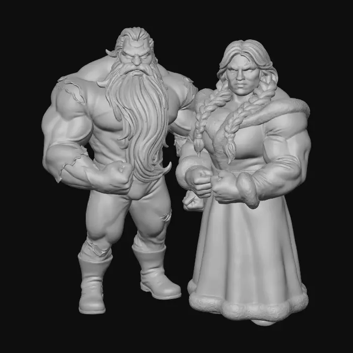 3D model for Santa with mrs clause, both massive and muscular and scary, blank background