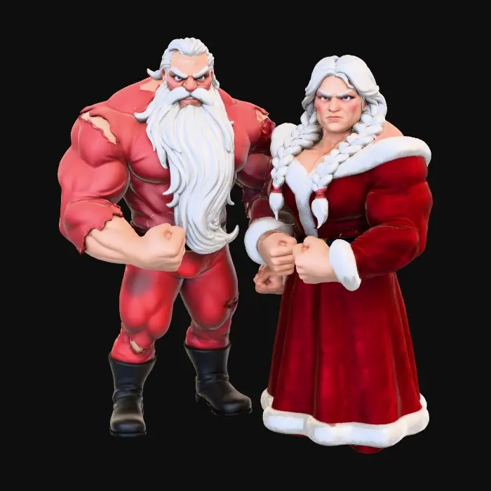 3D model for Santa with mrs clause, both massive and muscular and scary, blank background