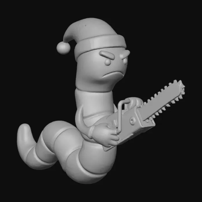 3D model for A worm with a santas hat on, looking angry with a chainsaw in his hands