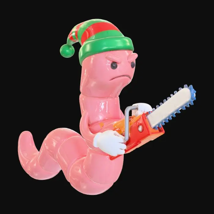 3D model for A worm with a santas hat on, looking angry with a chainsaw in his hands