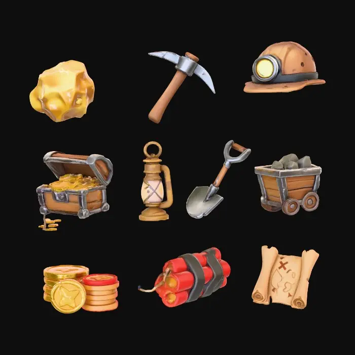 3D model for A set of igaming slot symbols, themed as gold rush theme, blank background, cartoon-realistic, matching size and style, 10 symbols