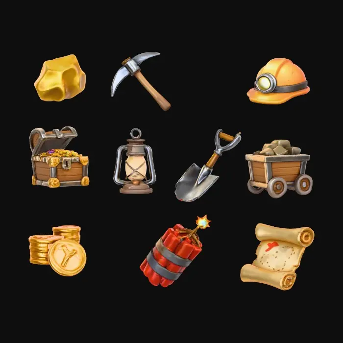 3D model for A set of igaming slot symbols, themed as gold rush theme, blank background, cartoon-realistic, matching size and style, 10 symbols