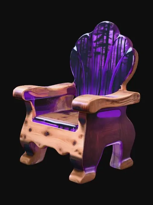 3D model for 一把设计款很强的木头单椅，用上一点亚克力的透明材质，紫色的亚克力，结合木头有森林中奇幻世界的感觉，要神奇吸引人又觉得有点危险自己不配的感觉的一把椅子，木头用深色的木系。